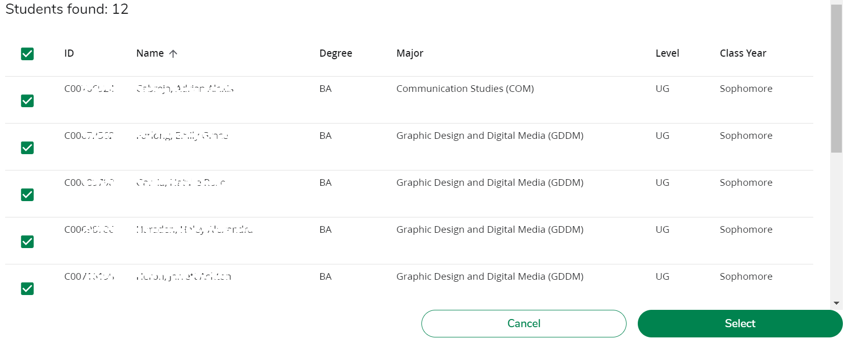 screenshot list of student courses